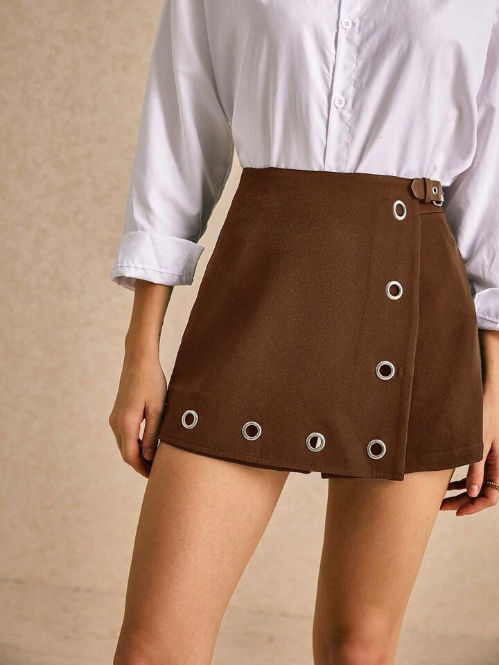 CM-BS032292 Women Casual Seoul Style High Waist Metal Ring Zipper Straight Skort - Brown