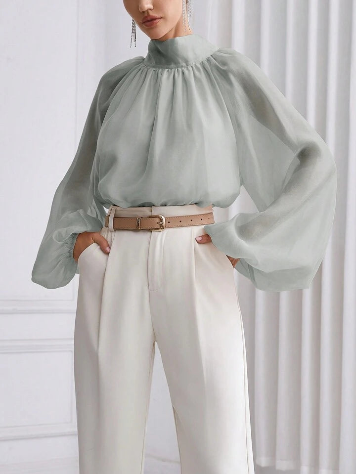 CM-TS993626 Women Elegant Seoul Style High Neck Lantern Sleeve Shirt - Light Gray