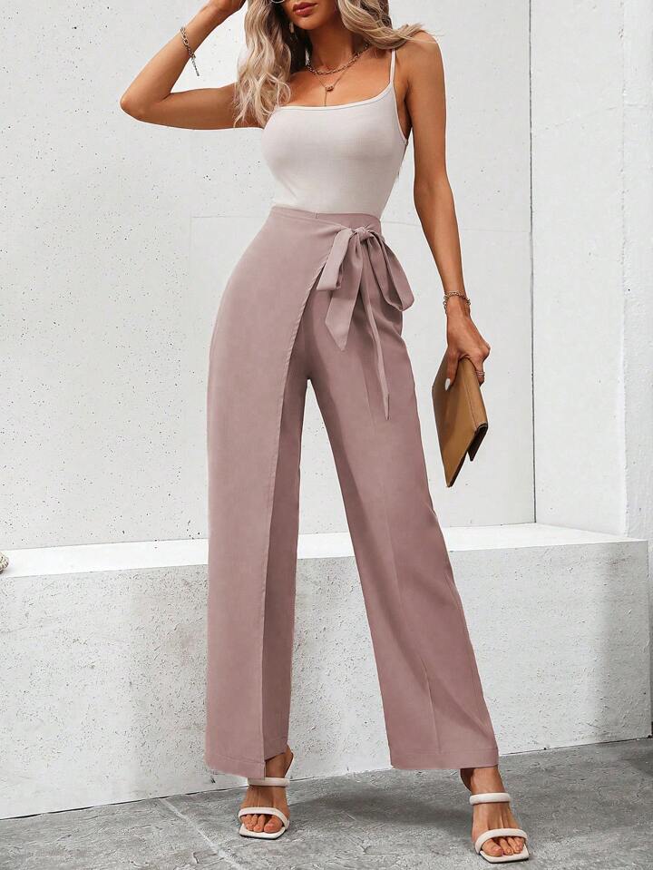 CM-BS547821 Women Casual Seoul Style High Waist Knot Side Pants - Dusty Pink