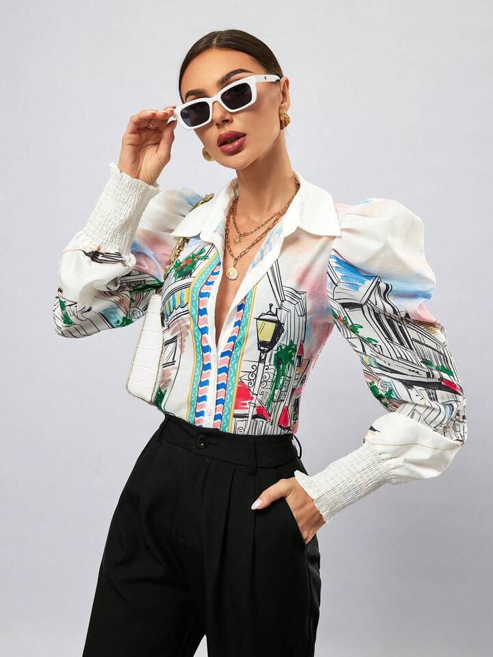 CM-TS810343 Women Casual Seoul Style Painting Print Button Down Long Sleeve Shirt