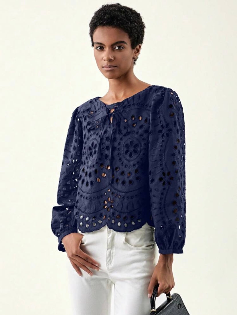 CM-TS121412 Women Trendy Bohemian Style Tie Neck Eyelet Embroidery Hollow Out Blouse