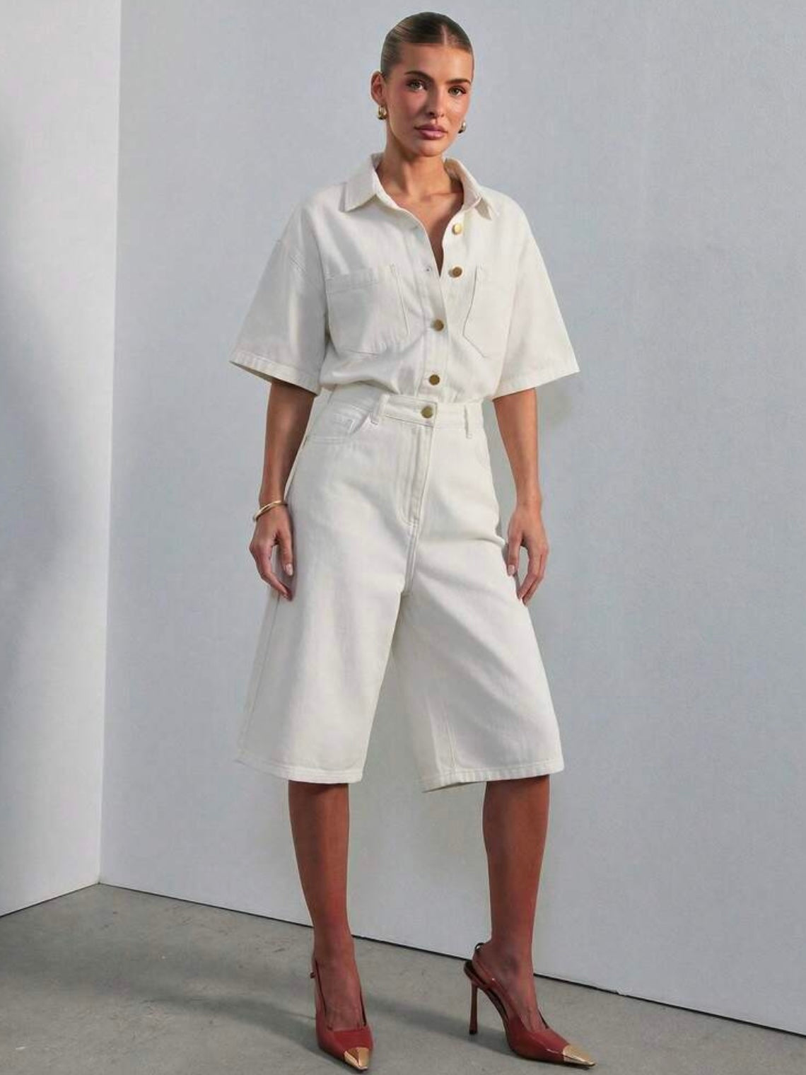 CM-JS836189 Women Casual Seoul Style Collared Short Sleeve Relaxed Denim Jumpsuit - Apricot