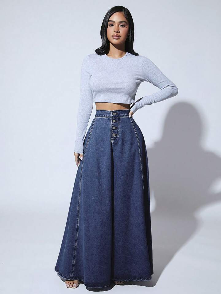 CM-BS705182 Women Casual Seoul Style Dark Wash High Waist Button Front Extra Long Denim Skirt