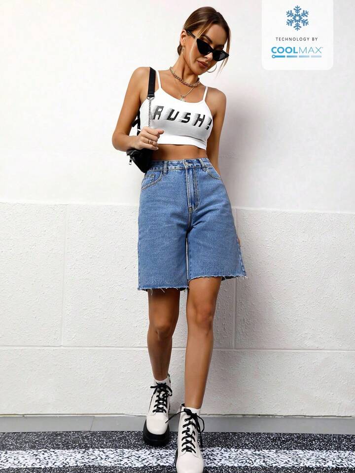 CM-BS619818 Women Casual Seoul Style Medium Wash Solid Color Pocket Frayed Hem Bermuda Denim Shorts