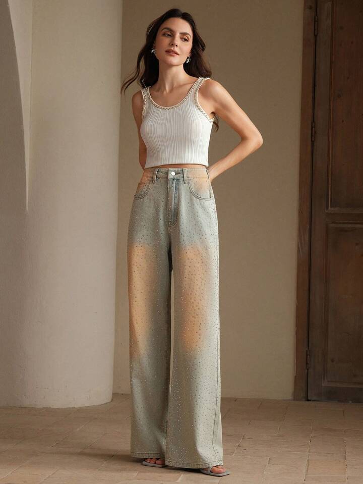 CM-BS298931 Women Casual Seoul Style Mid Waist Rhinestone Decor Floor-Length Denim Pants - Blue