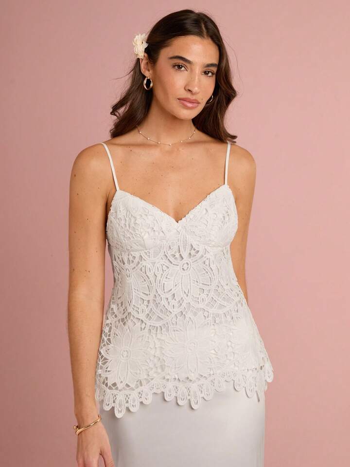 CM-TS216444 Women Elegant Seoul Style Lace Spaghetti Strap Cold Shoulder Cami Top - White