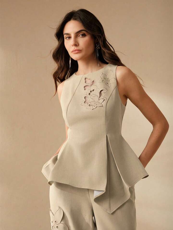CM-TS666001 Women Elegant Seoul Style Embroidered Waist Fitted A-Line Asymmetrical Hem Tank Top - Apricot