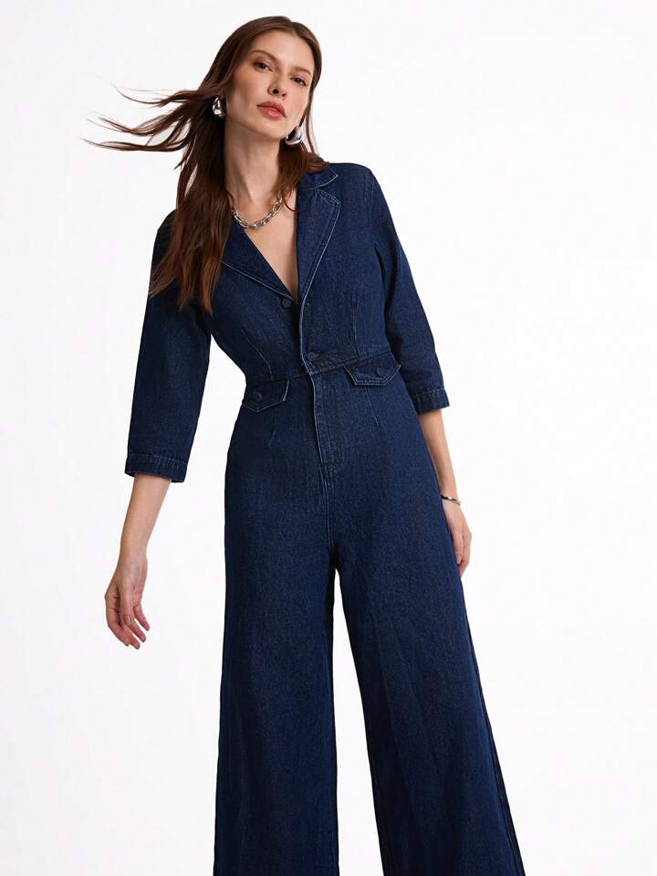 CM-JS431694 Women Casual Seoul Style Dark Wash Lapel Neckline 3/4 Sleeve Denim Flare Jumpsuit