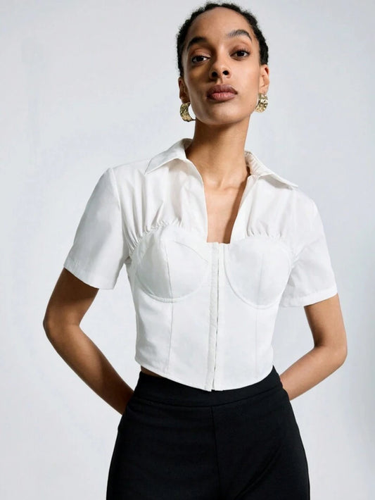 CM-TS191209 Women Casual Seoul Style Collar Neckline Pleated Short Sleeve Shirt - White