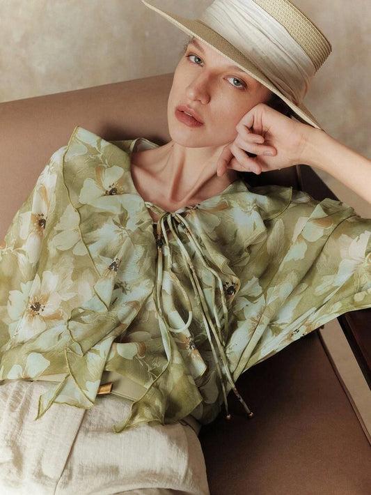 CM-TS843483 Women Casual Seoul Style Floral Print Turquoise Lantern Sleeves Ruffled Decor Tie Neckline Shirt