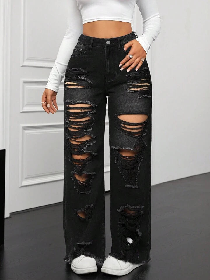 CM-BS142222 Women Casual Seoul Style Front Button Pocket Distressed Ripped Denim Long Jeans - Black