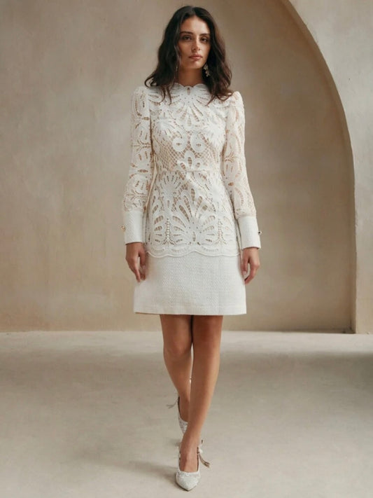 CM-DS483514 Women Elegant Seoul Style Stand Collar Long Sleeve Lace Patchwork Cheongsam Dress - White