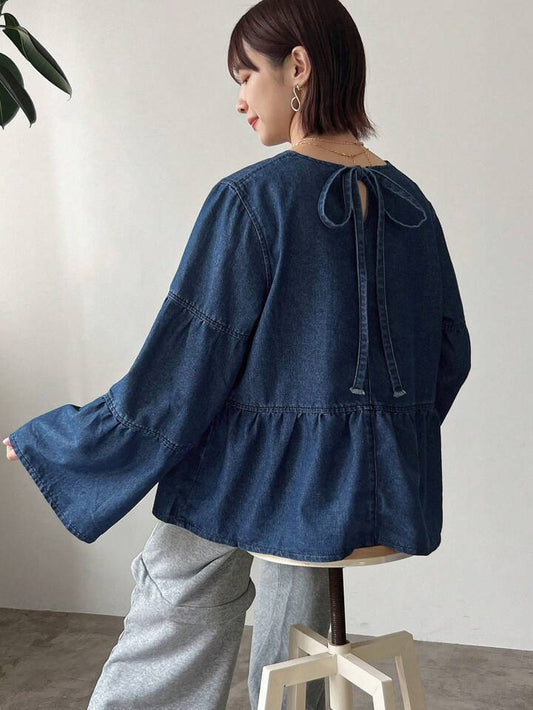 CM-TS499637 Women Casual Seoul Style Solid Color Ruffled Hem Crew Neck Denim Pleated Blouse - Blue