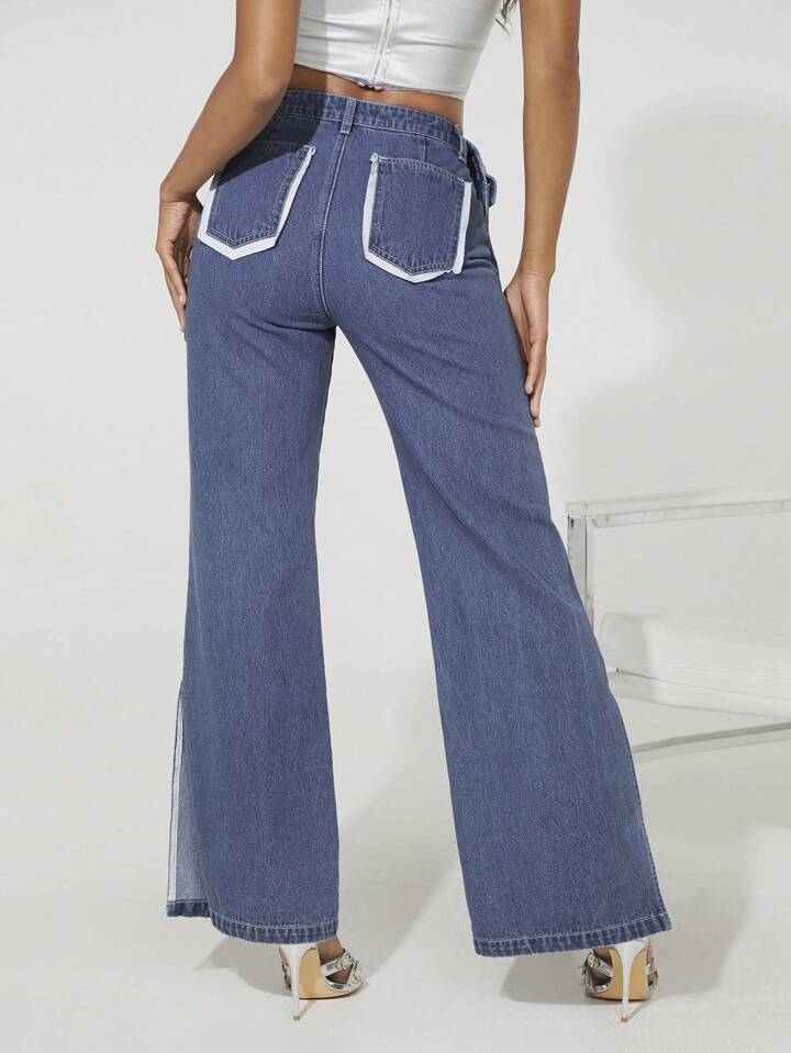 CM-BS912251 Women Casual Seoul Style Medium Wash Flap Pocket Contrast Wide Leg Jeans