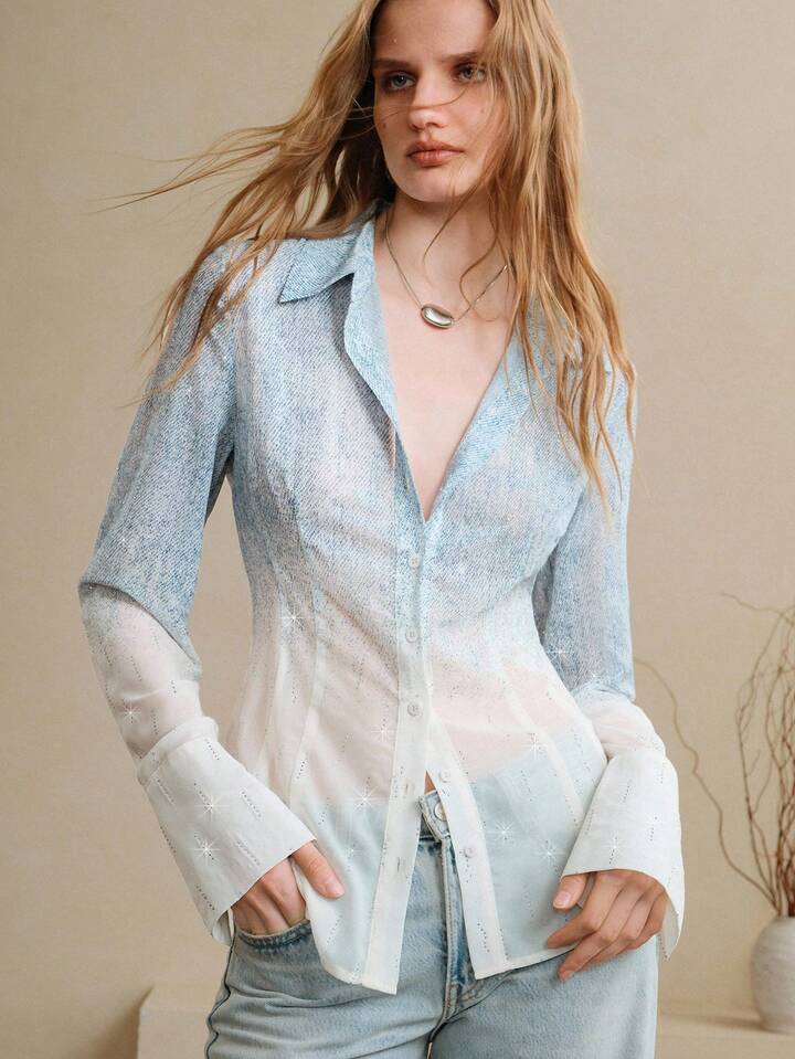 CM-TS152668 Women Elegant Seoul Style Gradient Rhinestone Stand-Up Collar Long Sleeve Blouse - Blue