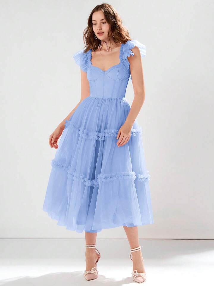 CM-DS515994 Women Elegant Seoul Style Sweet Heart Neck Flounce Sleeve Ruched Mesh Dress - Baby Blue