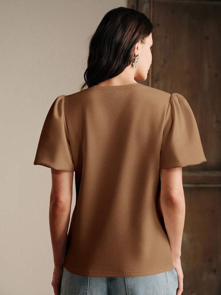 CM-TS128483 Women Elegant Seoul Style Embroidered Rose Round Neck Short Puff Sleeve T-Shirt - Coffee Brown