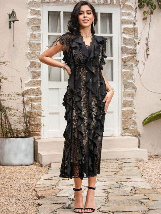 CM-DS299747 Women Elegant Seoul Style Splice Lace V-Neck Sleeveless Ruffled Waist Belted Dress - Black