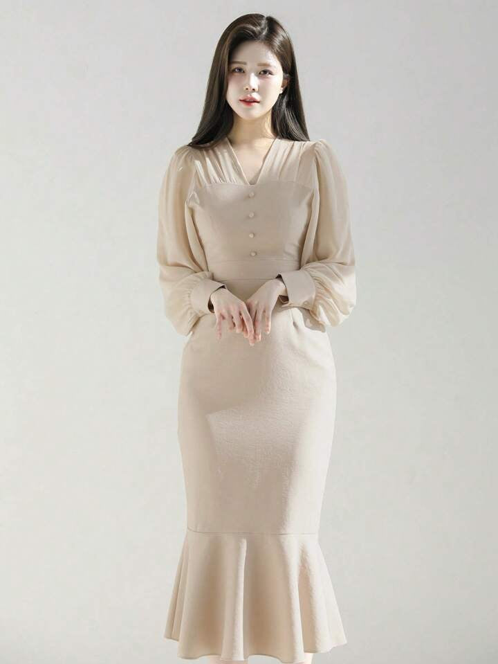 CM-DS531451 Women Elegant Seoul Style Solid Button Detail Long Sleeve Mermaid Hem Dress