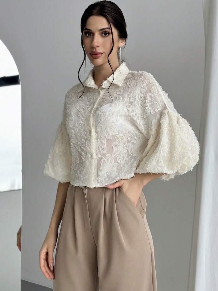 CM-TS123261 Women Elegant Seoul Style Cut-Out Floral Design Short Sleeve Shirt - Apricot