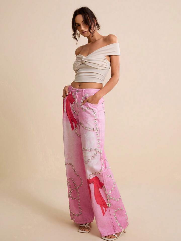 CM-BS460311 Women Casual Seoul Style Low Waist Diamond Necklace Butterfly Print Wide Leg Denim Pants - Pink