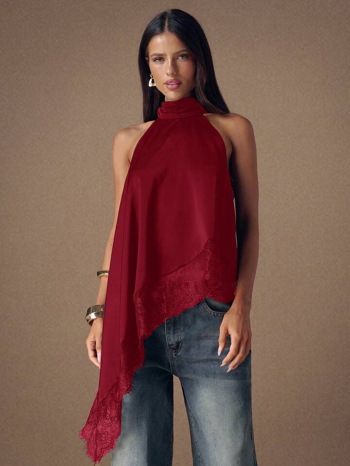 CM-TS422222 Women Elegant Seoul Style Lace Satin Patchwork Sleeveless Trim Backless Camisole Top - Burgundy