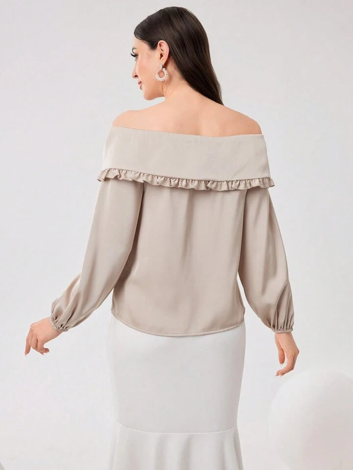 CM-TS399262 Women Elegant Seoul Style Off the Shoulder Long Sleeve Blouse - Apricot