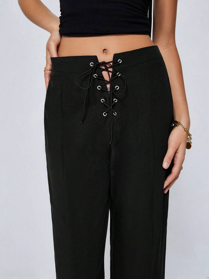 CM-BS714406 Women Casual Seoul Style Waist-Tied Straight Leg Long Pants - Black