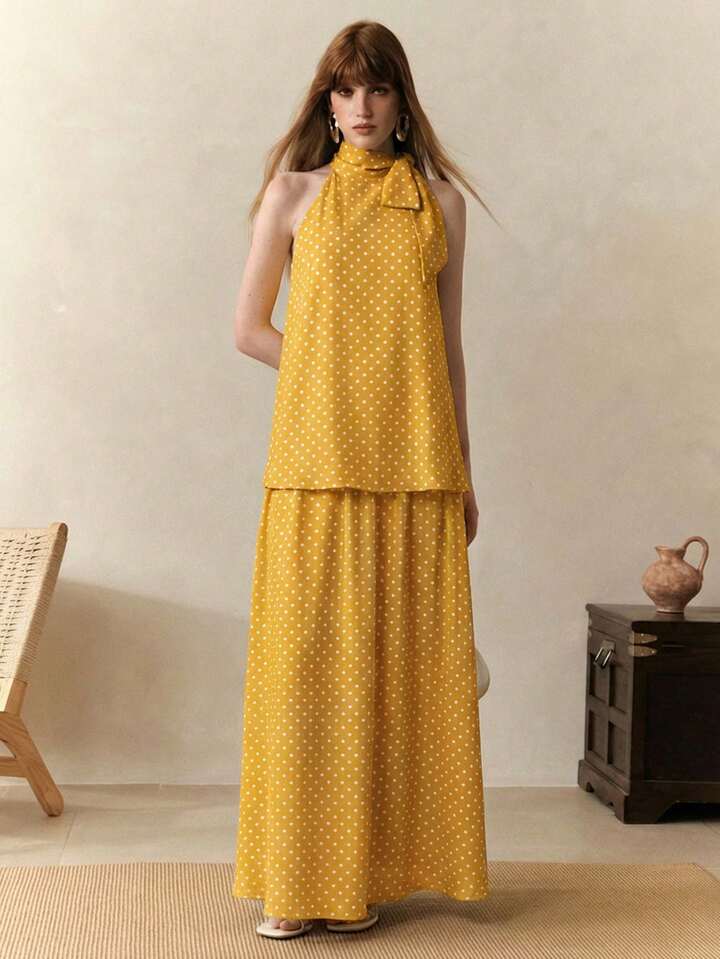 CM-SS174690 Women Trendy Bohemian Style Chiffon Polka Dot Print Sleeveless Halter Neck Top With Skirt - Set
