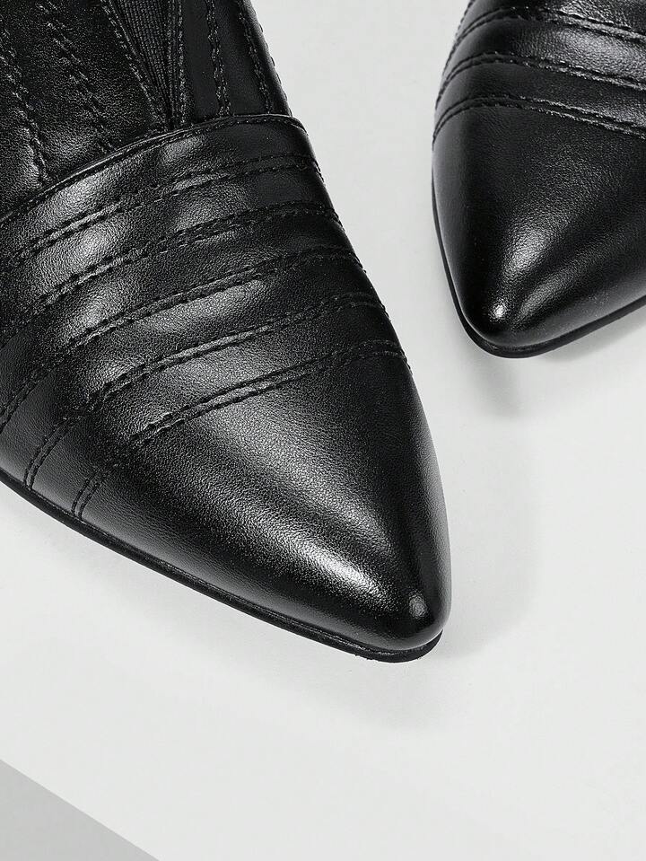 CM-SHS066669 Women Trendy Seoul Style Quilted Line Pointed Toe High Heel Ankle Boots - Black