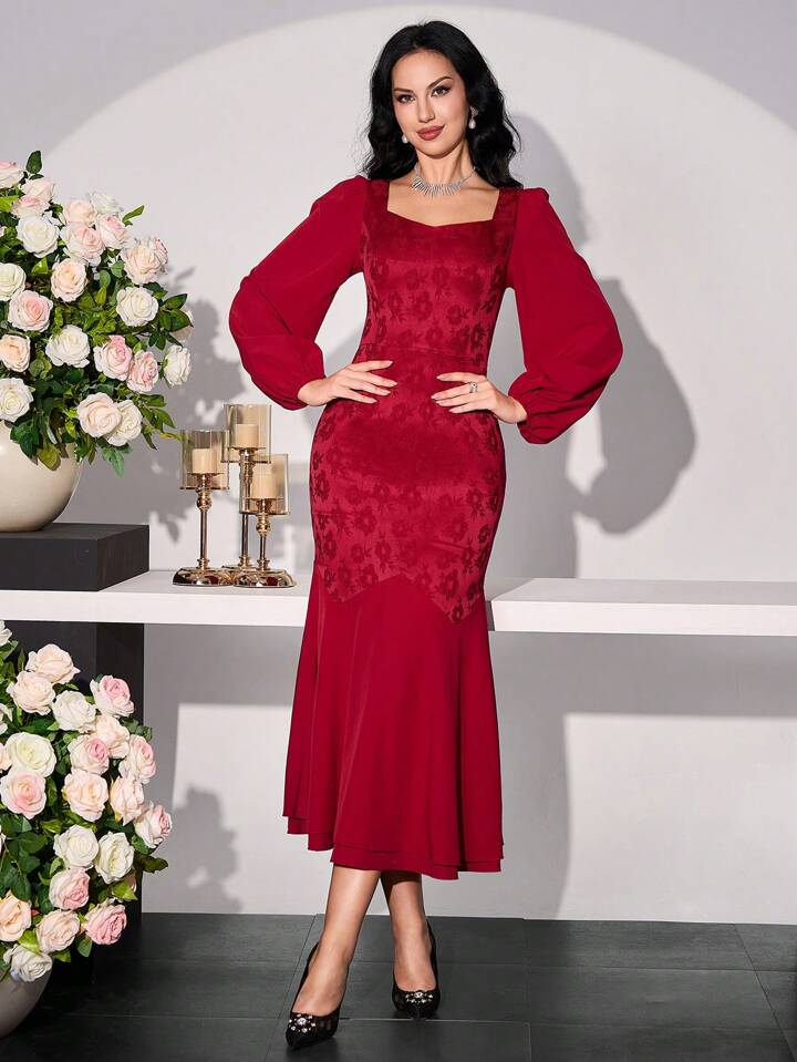 CM-DS997032 Women Elegant Seoul Style Sweetheart Neck Lantern Sleeve Mermaid Hem Lace Dress - Burgundy