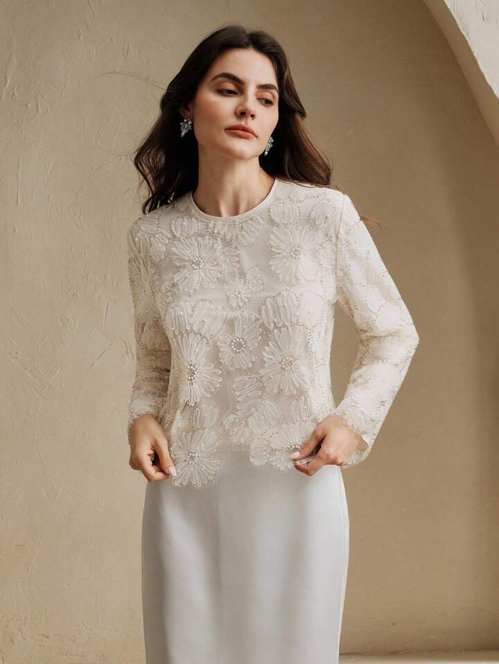 CM-TS303207 Women Elegant Seoul Style Round Neck Long Sleeve Floral Beaded Sheer Blouse - Apricot