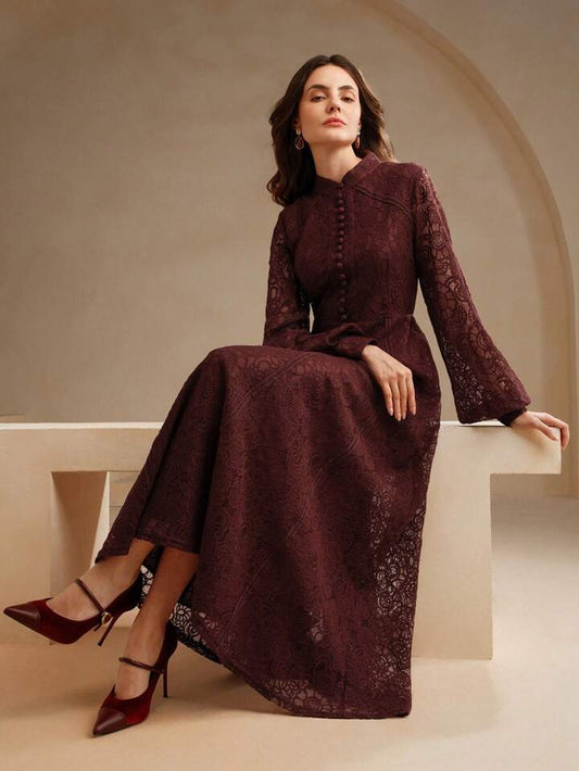 CM-DS163124 Women Elegant Seoul Style Lace Mandarin Collar Long Sleeve A-Line Dress - Burgundy