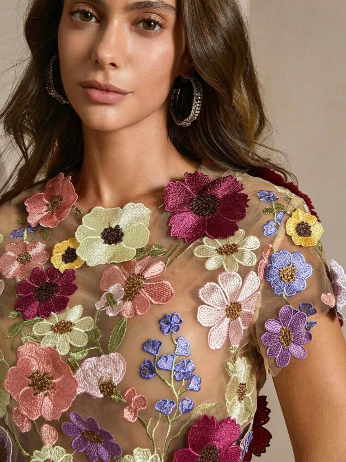 CM-TS941460 Women Elegant Seoul Style Textured Floral Embroidered Top With Multicolor Floral Applique