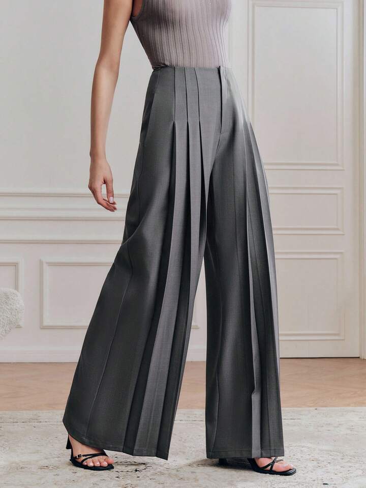 CM-BS133837 Women Elegant Seoul Style High Waist Loose Draping Wide Leg Pants - Gray