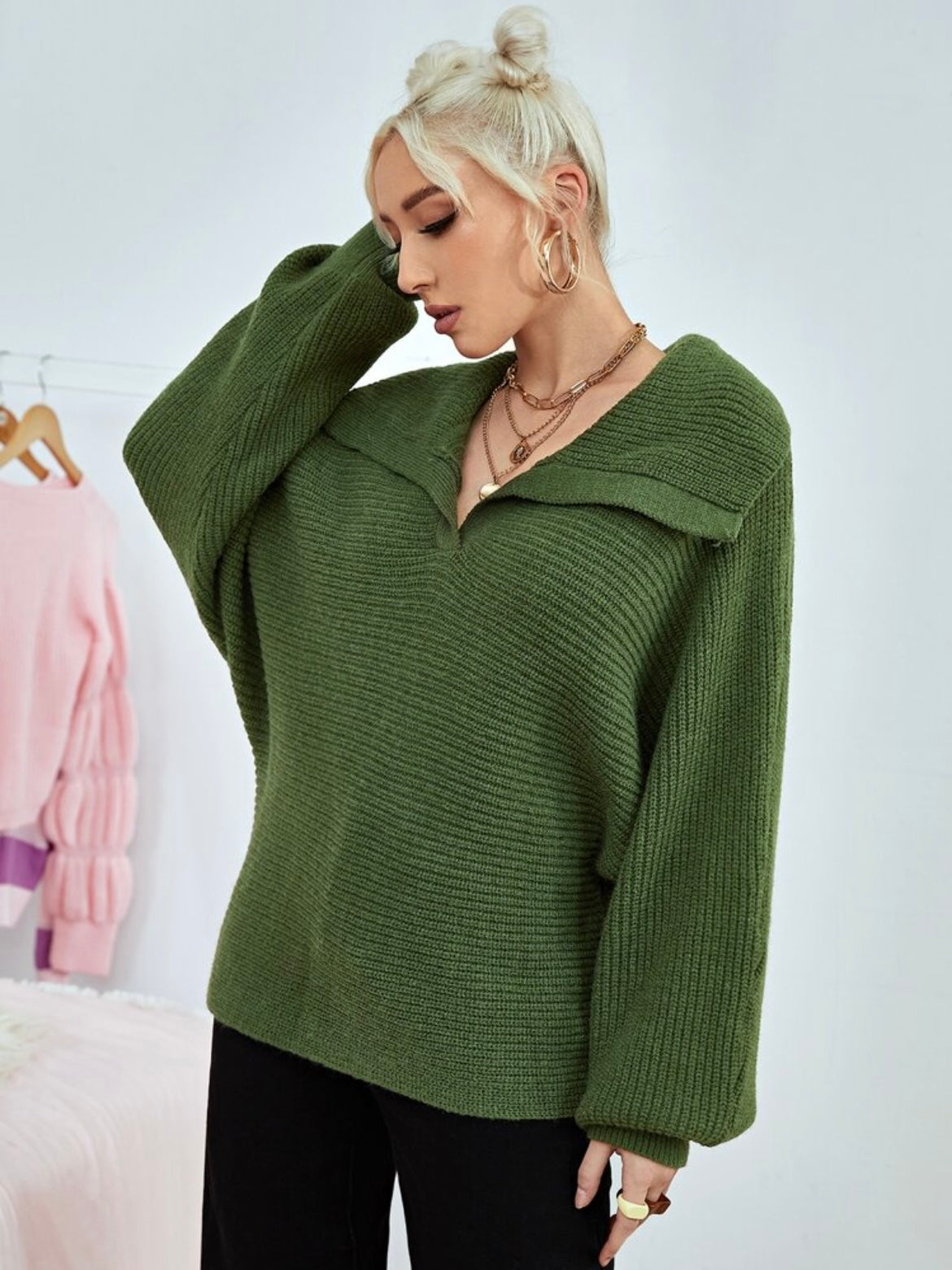 CM-CS488414 Women Casual Seoul Style Loose Fold Collared Bishop Sleeve Sweater - Dark Green
