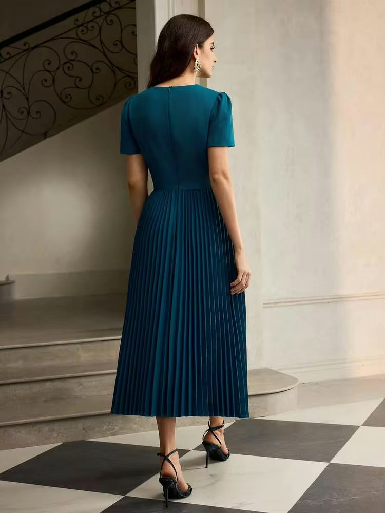 CM-DS660745 Women Elegant Seoul Style Round Neck Puff Sleeve Pleated Hem A-Line Mid-Length Dress - Teal Blue