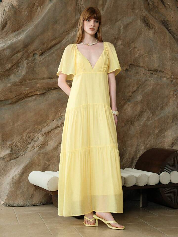 CM-DS661692 Women Casual Seoul Style V-Neck Cap Sleeve Loose High-End Splice Midi Dress - Yellow