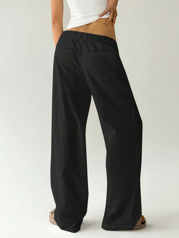 CM-BS700810 Women Casual Seoul Style Solid Color Low Waist Loose Straight Leg Pants - Black