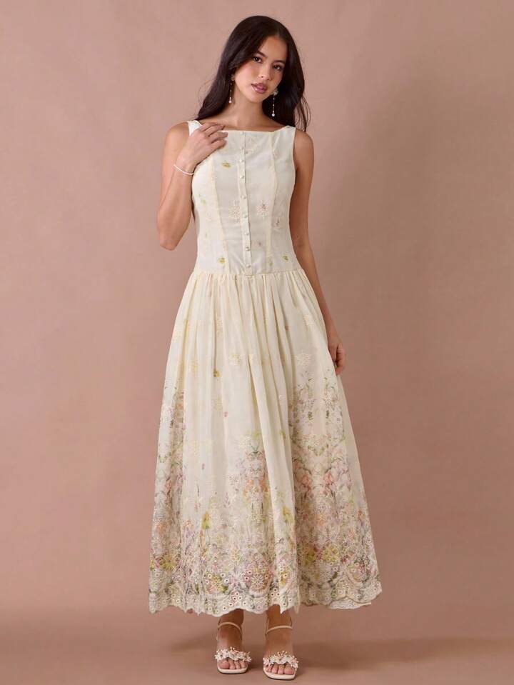 CM-DS074678 Women Elegant Seoul Style Floral Print Embroidered Single-Breasted Sleeveless Long Dress