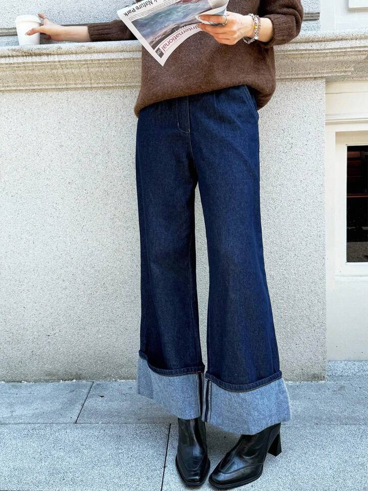 CM-BS937508 Women Casual Seoul Style Dark Wash Fleece Cuff Mid Waist Straight Leg Loose Jeans