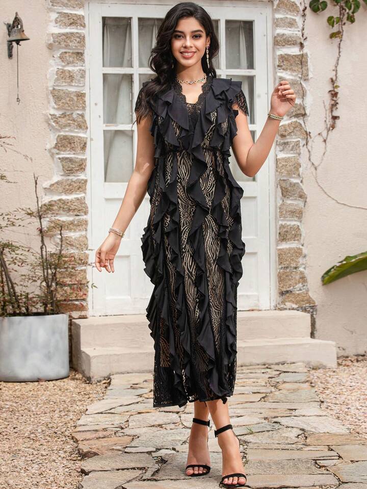 CM-DS299747 Women Elegant Seoul Style Splice Lace V-Neck Sleeveless Ruffled Waist Belted Dress - Black
