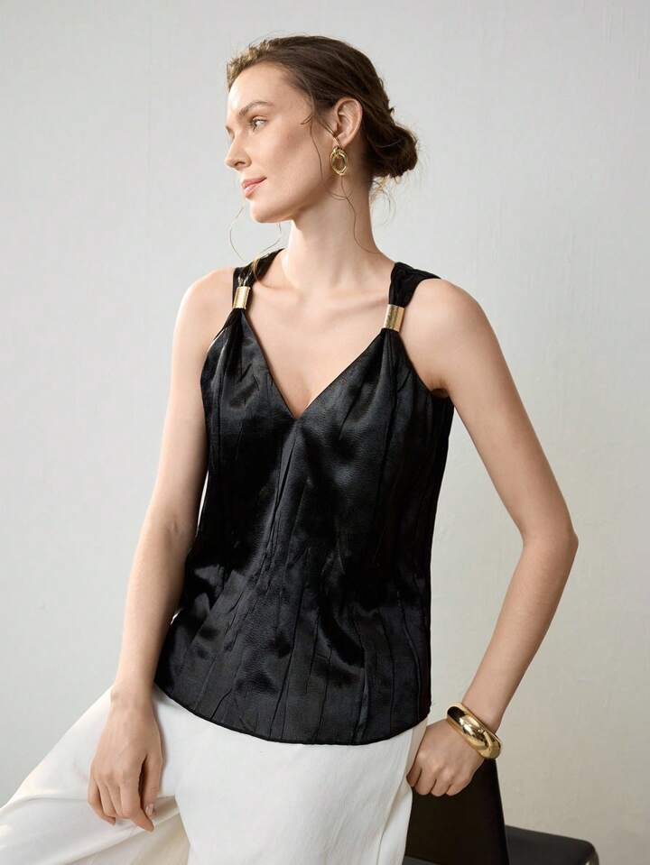 CM-TS147642 Women Casual Seoul Style Pleated V-Neck Sleeveless Vest Top - Black