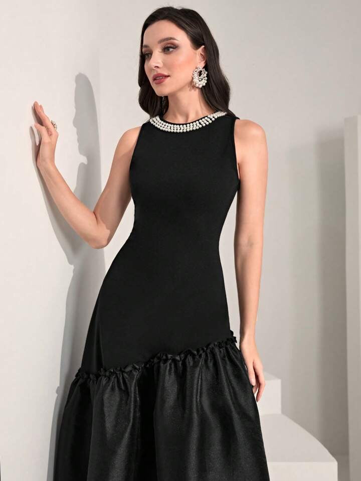 CM-DS309482 Women Elegant Seoul Style Sleeveless Pearls Beaded Ruffle Hem Dress - Black