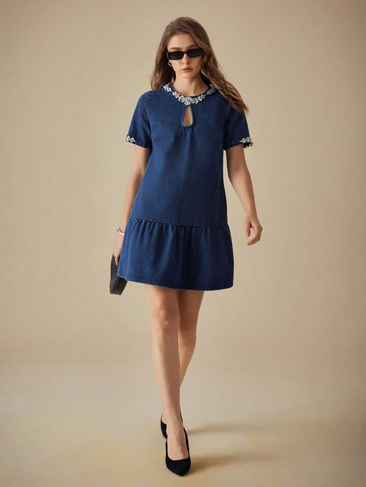 CM-DS884745 Women Casual Seoul Style Diamond Decor Round Neck Short Sleeve Denim Midi Dress - Blue