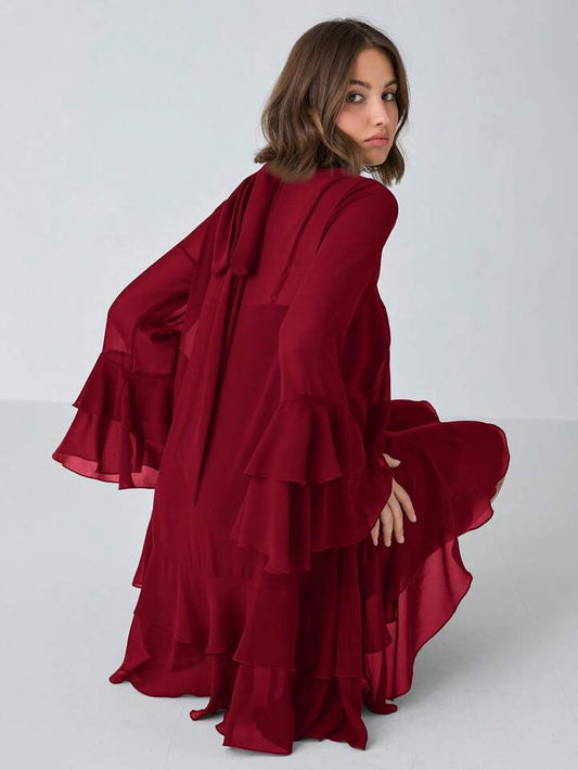 CM-DS336996 Women Elegant Seoul Style Solid Stand Collar Long Sleeve High Waist A-Line Dress - Burgundy