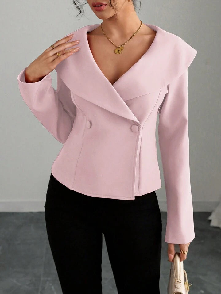CM-TS002530 Women Elegant Seoul Style Solid Color Wide Lapel Open Shoulder Bell Sleeve Long Sleeve Blouse - Baby Pink