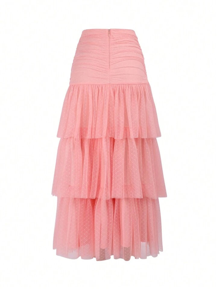 CM-BS236668 Women Elegant Seoul Style High Waisted Mesh Layers Ruffle Trim Skirt - Pink