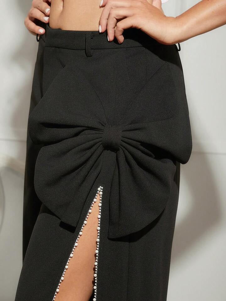 CM-BS889101 Women Elegant Seoul Style High Slit Pearl Trim And Bow Detail Trousers - Black