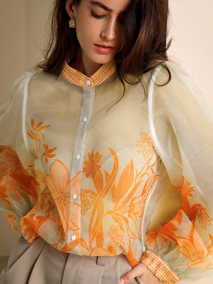 CM-TS329172 Women Elegant Seoul Style Flot=ral Print Sheer Mesh Long Sleeve Shirt - Orange